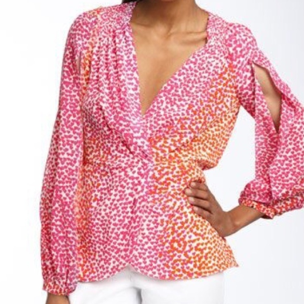 BCBG MaxAzria Silk Heart Print Cutout Top